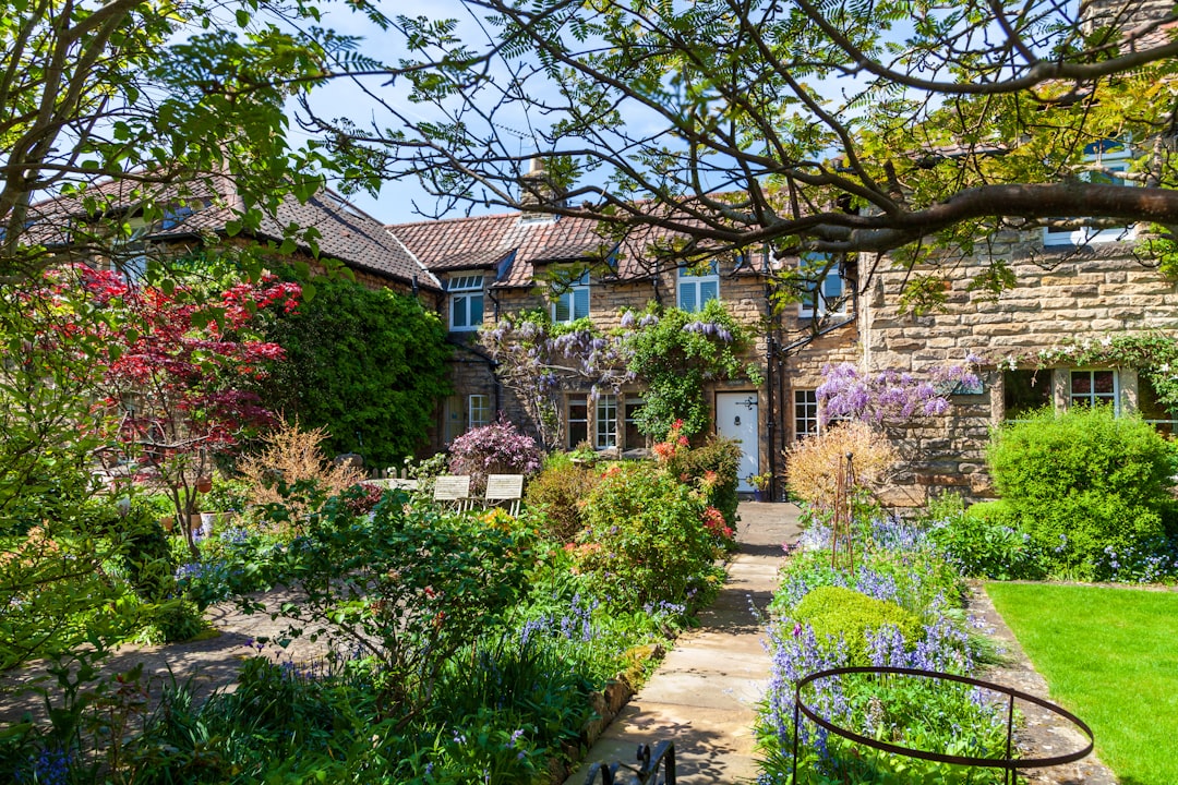 A picturesque English garden with colorful flowers and lush greenery.